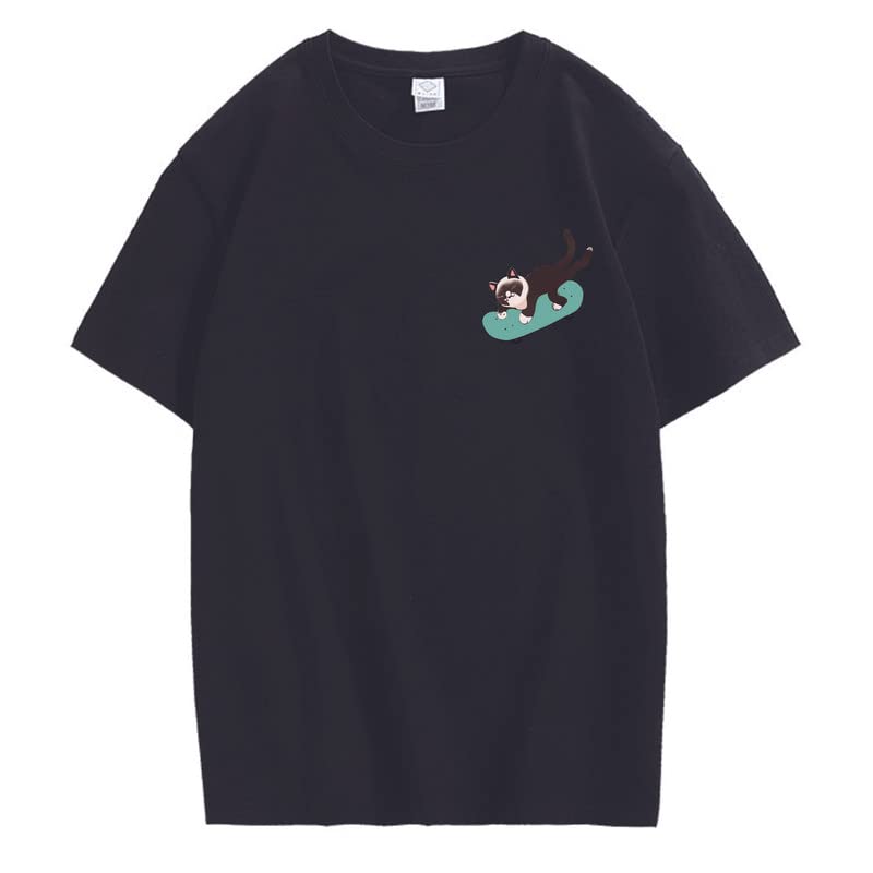 CORIRESHA Teen Kawaii Ropa Skateboard Cat Casual Cuello Redondo Camiseta de Algodón Suave