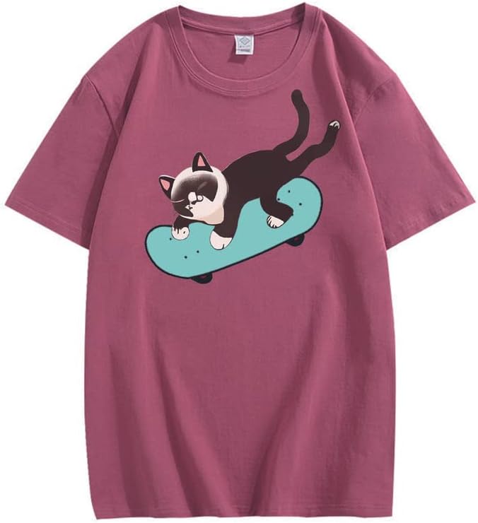 CORIRESHA Unisex Cat Lovers Casual Crewneck Short Sleeve Cozy Skateboard T-Shirt