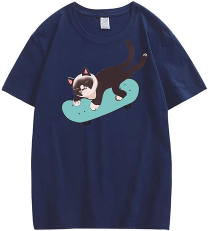 CORIRESHA Unisex Cat Lovers Casual Crewneck Short Sleeve Cozy Skateboard T-Shirt