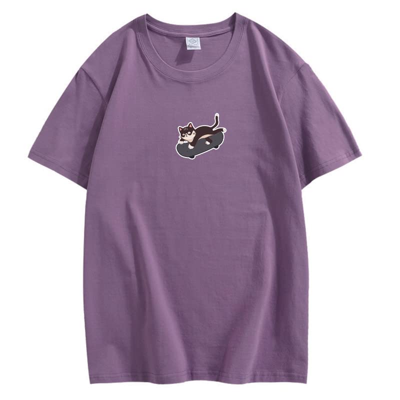 CORIRESHA Unisex Kawaii Ropa Cuello Redondo Manga Corta Lindo Monopatín Gato Camiseta Suelta