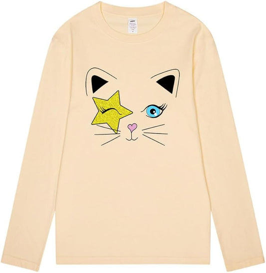 CORIRESHA Teen Y2k Star Graphic Crewneck Long Sleeve Cotton Cat Lover T-Shirt