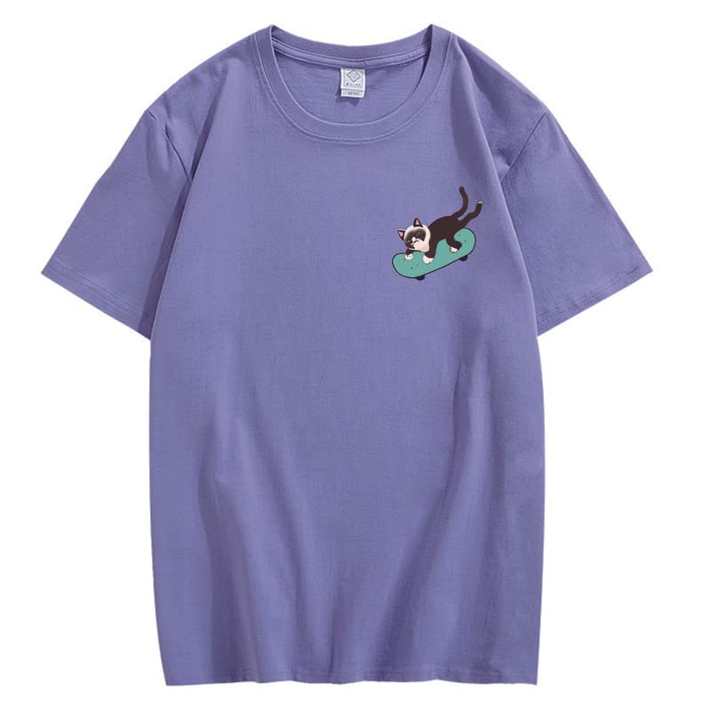 CORIRESHA Teen Kawaii Ropa Skateboard Cat Casual Cuello Redondo Camiseta de Algodón Suave