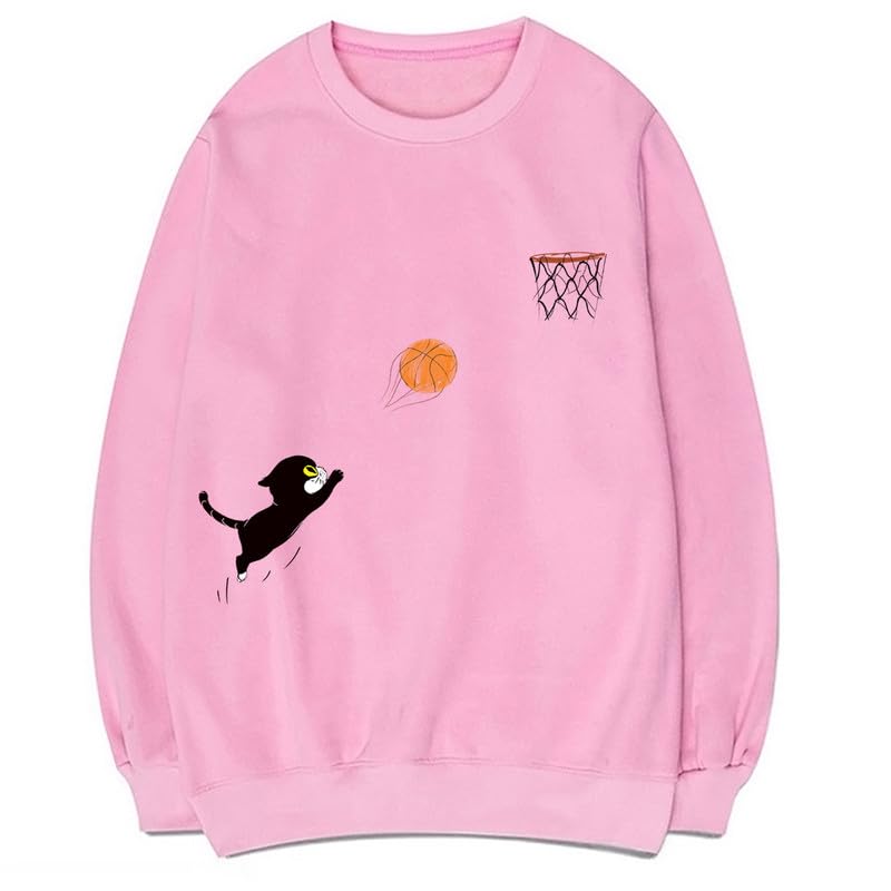 CORIRESHA Teen Cute Cat Basketball Cuello redondo Manga larga Cozy Cotton Fall Sudadera