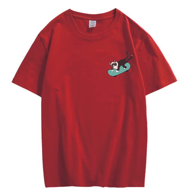 CORIRESHA Teen Kawaii Ropa Skateboard Cat Casual Cuello Redondo Camiseta de Algodón Suave