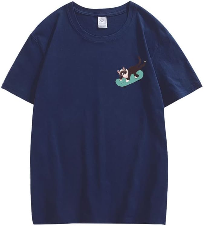 CORIRESHA Teen Kawaii Ropa Skateboard Cat Casual Cuello Redondo Camiseta de Algodón Suave