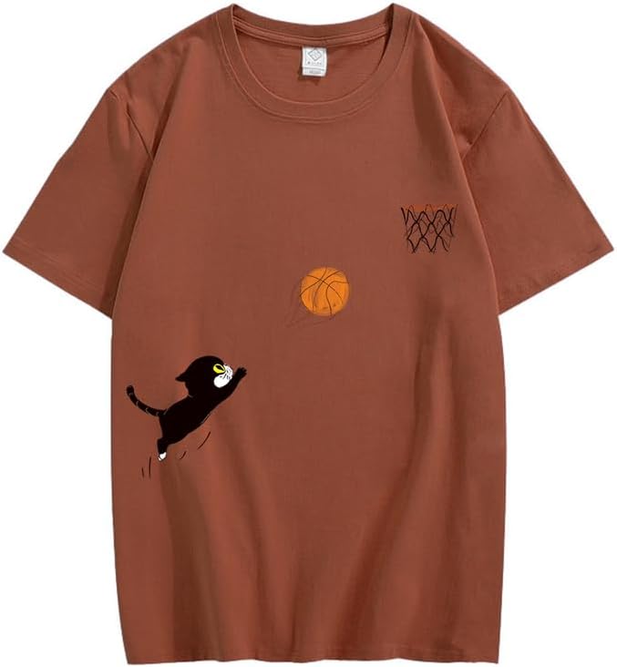 CORIRESHA Adolescente Lindo Gato Baloncesto Cuello Redondo Manga Corta Suelta Camiseta De Algodón Suave