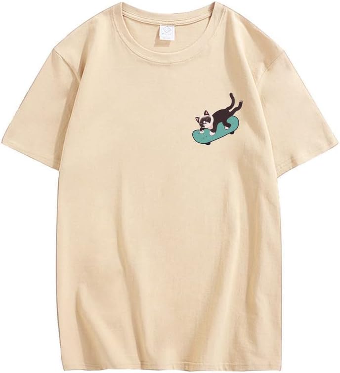 CORIRESHA Teen Kawaii Ropa Skateboard Cat Casual Cuello Redondo Camiseta de Algodón Suave