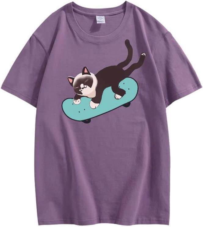 CORIRESHA Unisex Cat Lovers Casual Crewneck Short Sleeve Cozy Skateboard T-Shirt