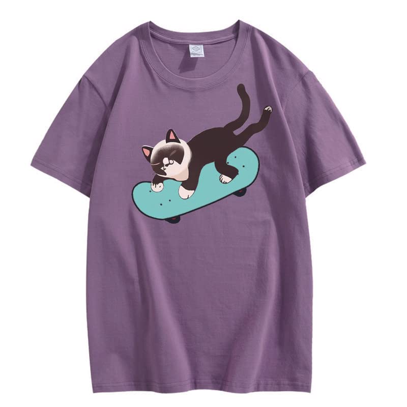 CORIRESHA Unisex Cat Lovers Casual Crewneck Short Sleeve Cozy Skateboard T-Shirt