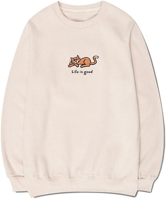 CORIRESHA Women's Cute Cat Crew Neck Long Sleeve Casual Cotton Letters Sweatshirt