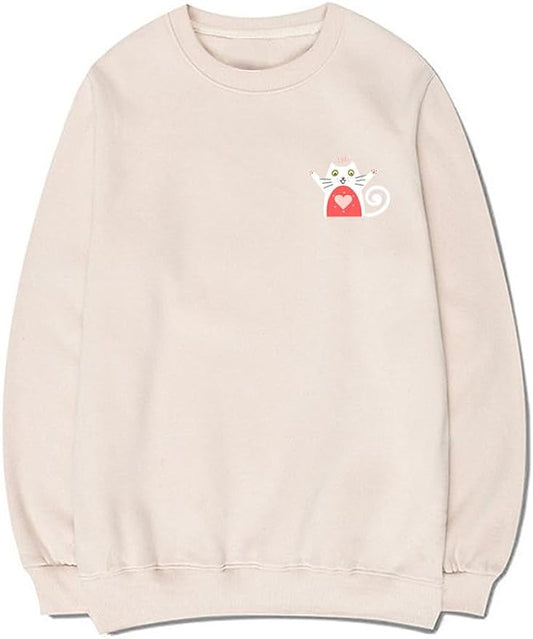 CORIRESHA Unisex Cat Lovers Heart Print Crewneck Long Sleeves Casual Sweatshirt