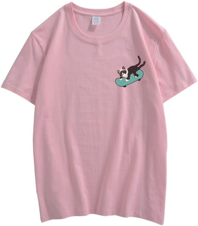 CORIRESHA Teen Kawaii Ropa Skateboard Cat Casual Cuello Redondo Camiseta de Algodón Suave