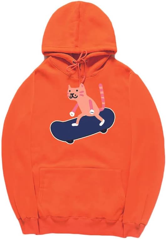 CORIRESHA Sudadera con capucha unisex con diseño de gato y monopatín de dibujos animados, informal, de manga larga, acogedora sudadera de algodón