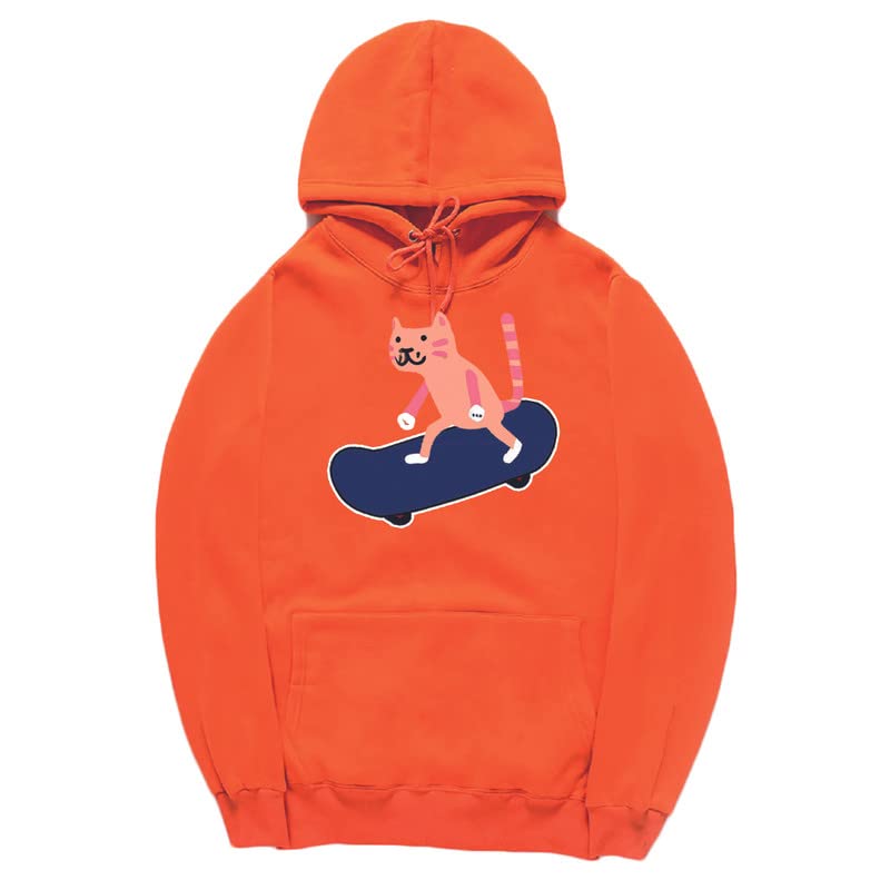 CORIRESHA Sudadera con capucha unisex con diseño de gato y monopatín de dibujos animados, informal, de manga larga, acogedora sudadera de algodón