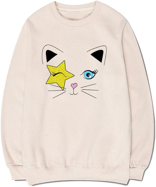 CORIRESHA Unisex Stars Y2k Pattern Crewneck Long Sleeves Casual Cat Lovers Sweatshirts