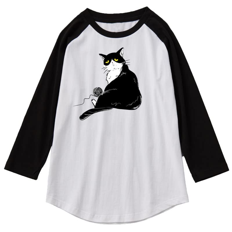 CORIRESHA Men's Cute Cat T-Shirt Raglan Sleeves Round Neck Curved Hem Casual Tops