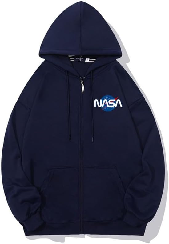 CORIRESHA Fashion NASA Logo Hoodie Zip Up Long Sleeve Drawstring Basic Sweatshirt