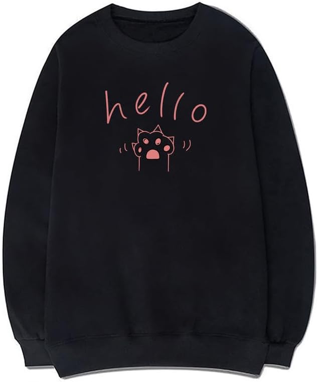 CORIRESHA Cat Paw Graphic Crewneck Long Sleeve Kawaii Cute Letter Sweatshirt