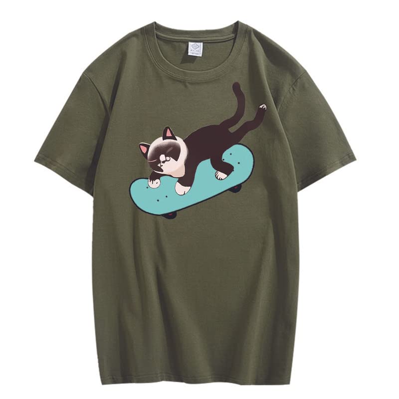 CORIRESHA Unisex Cat Lovers Casual Crewneck Short Sleeve Cozy Skateboard T-Shirt