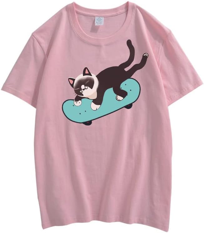 CORIRESHA Unisex Cat Lovers Casual Crewneck Short Sleeve Cozy Skateboard T-Shirt