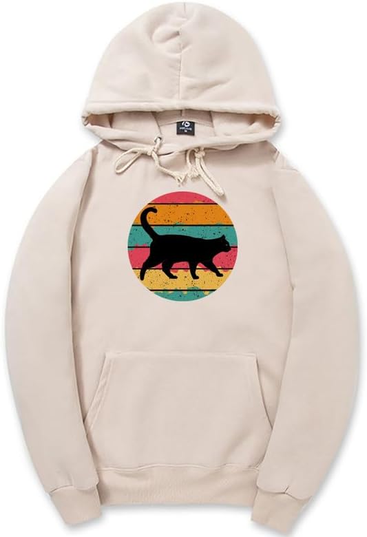 CORIRESHA Black Cat Hoodie Long Sleeve Drawstring Pocket Vintage Stripe Sweatshirt