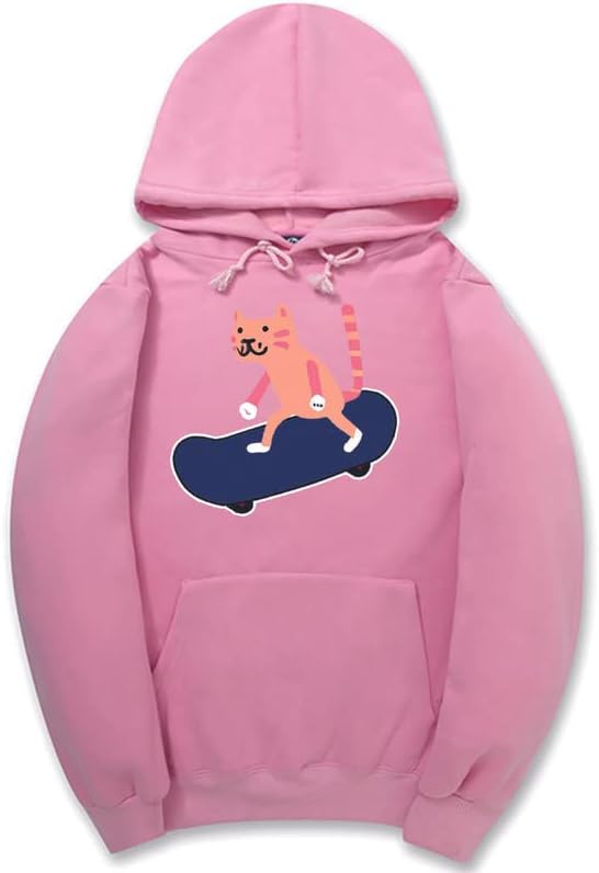 CORIRESHA Sudadera con capucha unisex con diseño de gato y monopatín de dibujos animados, informal, de manga larga, acogedora sudadera de algodón