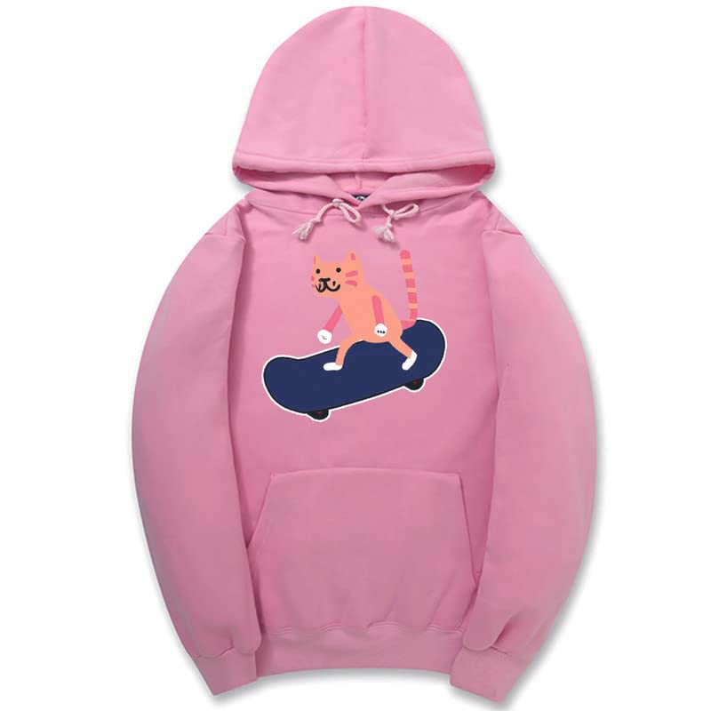 CORIRESHA Sudadera con capucha unisex con diseño de gato y monopatín de dibujos animados, informal, de manga larga, acogedora sudadera de algodón