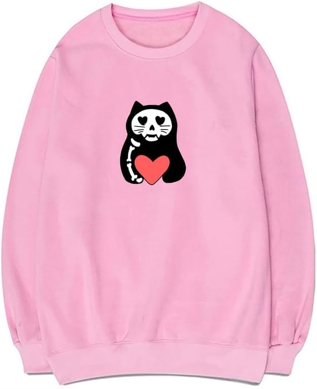 CORIRESHA Teens Funny Cat Hearts Crewneck Long Sleeves Cozy Basics Sweatshirts