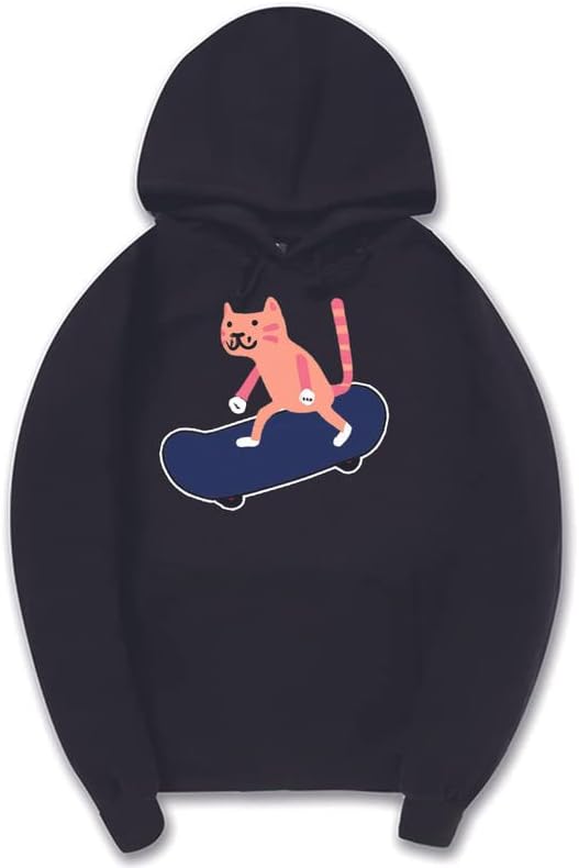 CORIRESHA Sudadera con capucha unisex con diseño de gato y monopatín de dibujos animados, informal, de manga larga, acogedora sudadera de algodón