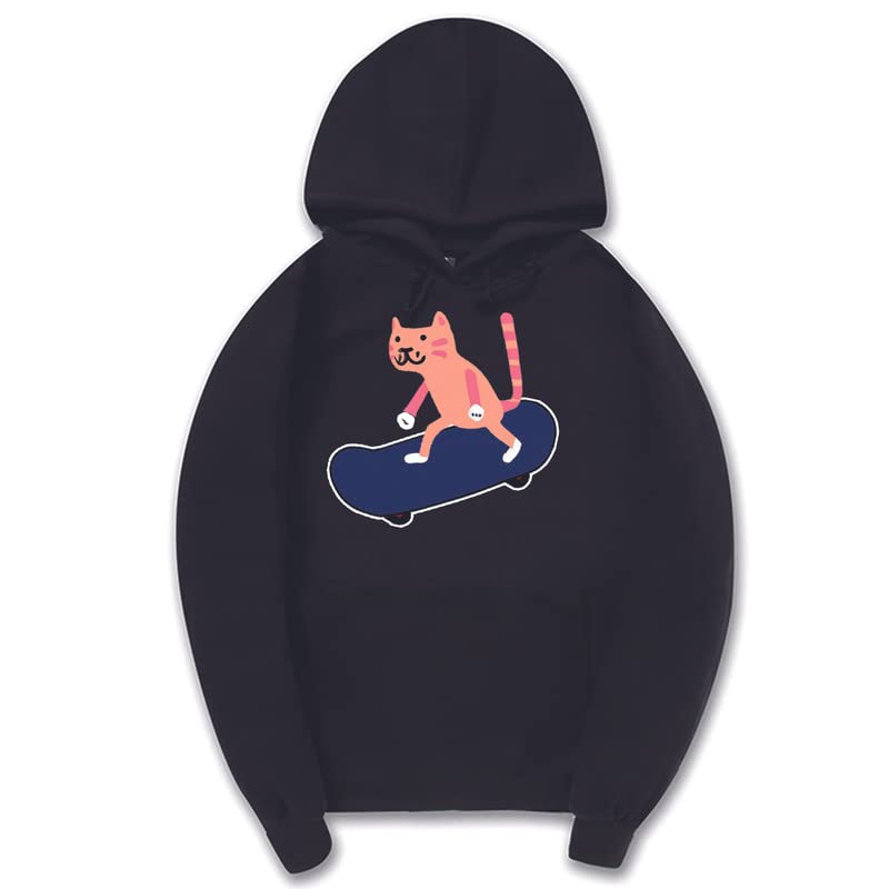 CORIRESHA Sudadera con capucha unisex con diseño de gato y monopatín de dibujos animados, informal, de manga larga, acogedora sudadera de algodón