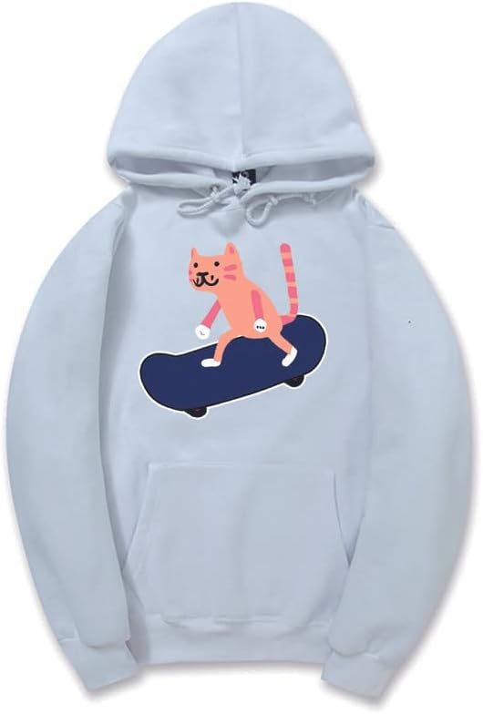 CORIRESHA Sudadera con capucha unisex con diseño de gato y monopatín de dibujos animados, informal, de manga larga, acogedora sudadera de algodón