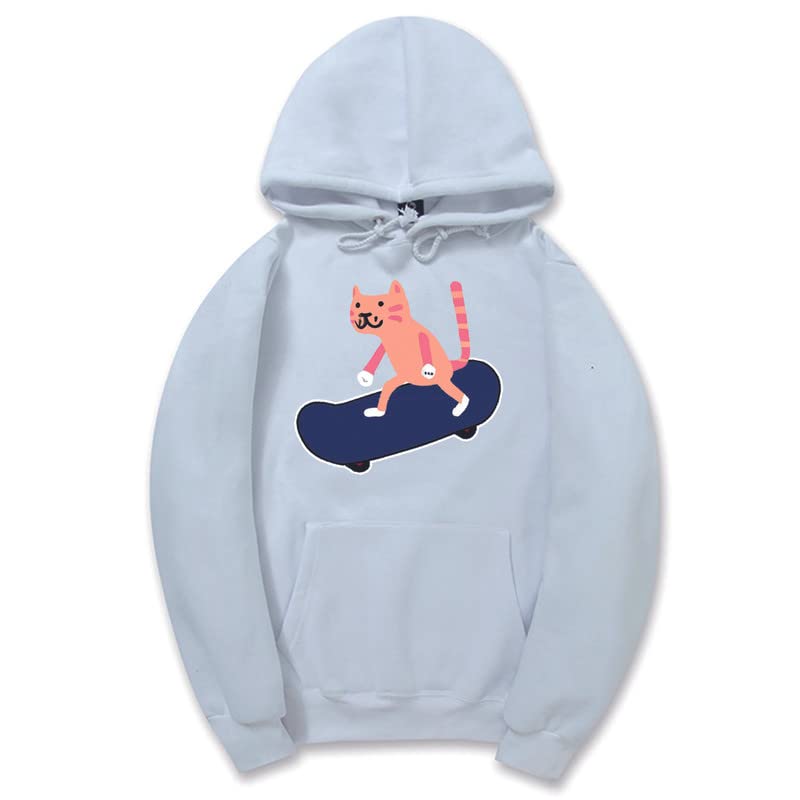 CORIRESHA Sudadera con capucha unisex con diseño de gato y monopatín de dibujos animados, informal, de manga larga, acogedora sudadera de algodón