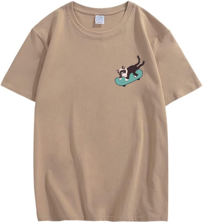 CORIRESHA Teen Kawaii Ropa Skateboard Cat Casual Cuello Redondo Camiseta de Algodón Suave