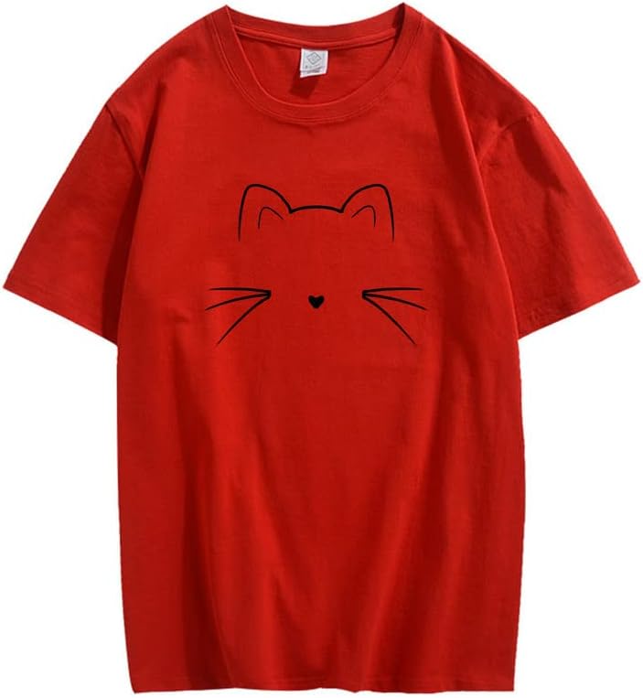 CORIRESHA Unisex Funny Cat Face Graphic T-Shirt Crew Neck Short Sleeve Summer Cute Tops