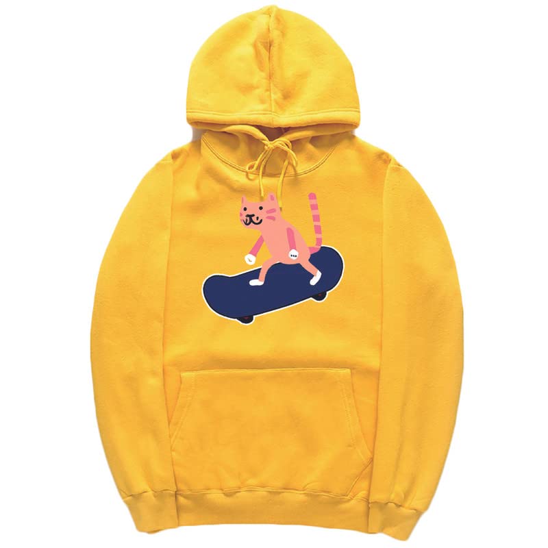 CORIRESHA Sudadera con capucha unisex con diseño de gato y monopatín de dibujos animados, informal, de manga larga, acogedora sudadera de algodón