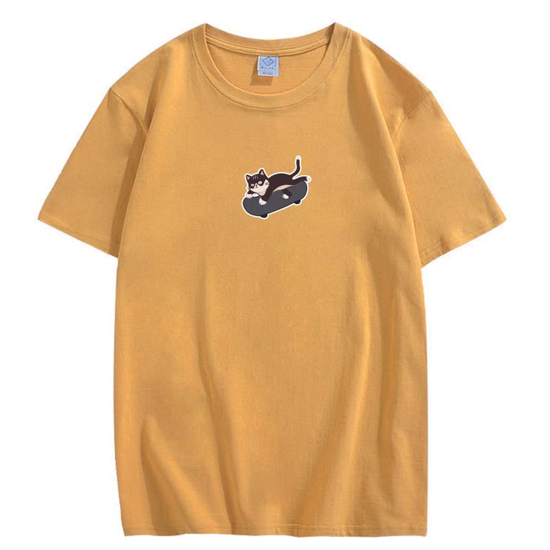 CORIRESHA Unisex Kawaii Ropa Cuello Redondo Manga Corta Lindo Monopatín Gato Camiseta Suelta