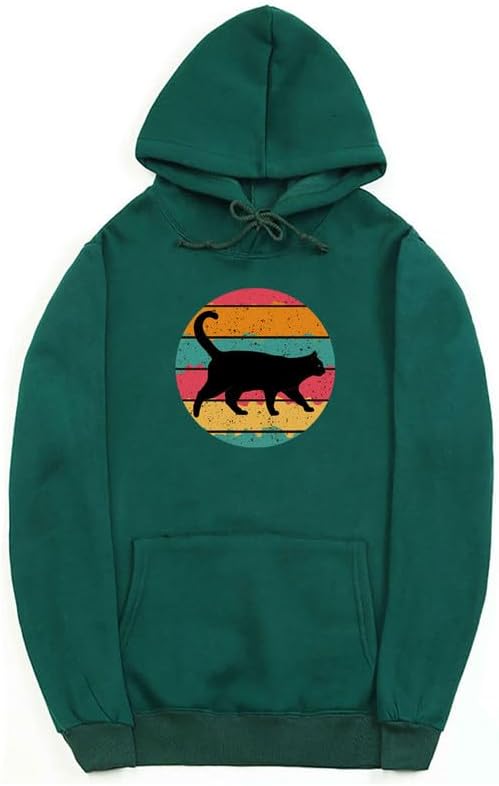 CORIRESHA Black Cat Hoodie Long Sleeve Drawstring Pocket Vintage Stripe Sweatshirt