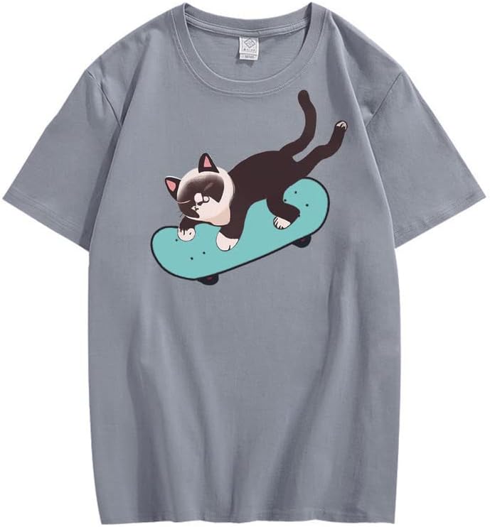 CORIRESHA Unisex Cat Lovers Casual Crewneck Short Sleeve Cozy Skateboard T-Shirt