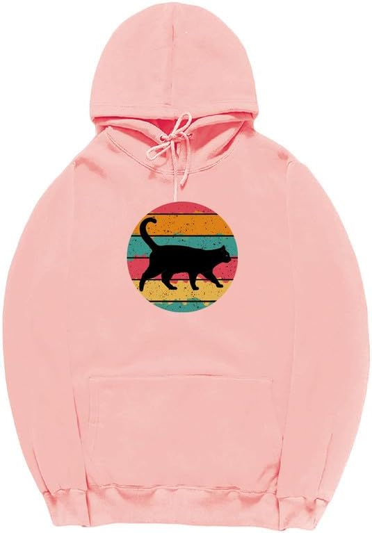 CORIRESHA Black Cat Hoodie Long Sleeve Drawstring Pocket Vintage Stripe Sweatshirt