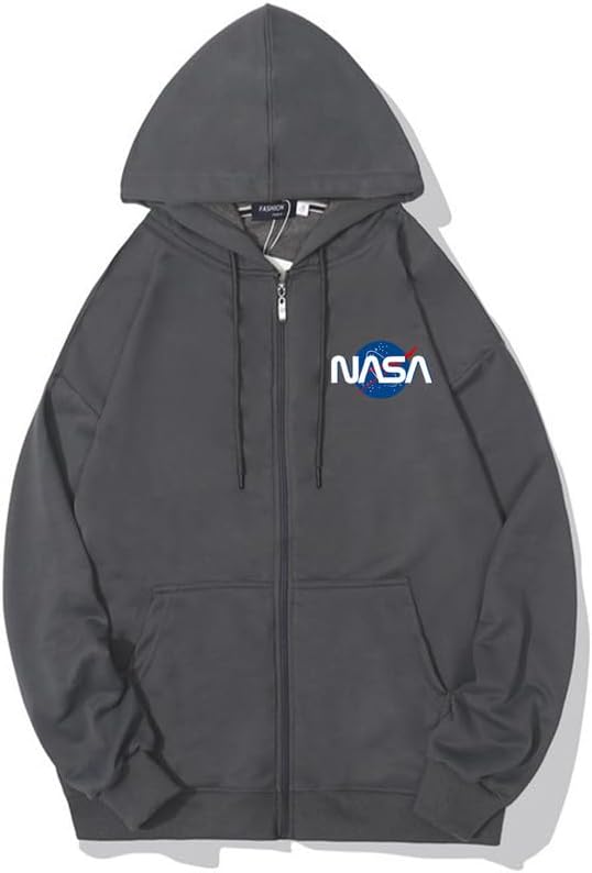 CORIRESHA Fashion NASA Logo Hoodie Zip Up Long Sleeve Drawstring Basic Sweatshirt