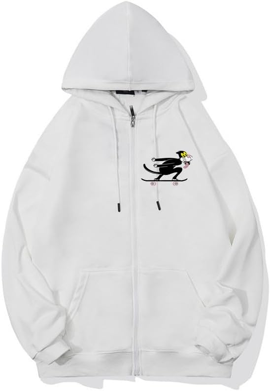CORIRESHA Unisex Skateboard Cat Zipper Hoodie Long Sleeve Drawstring Cute Sweatshirt