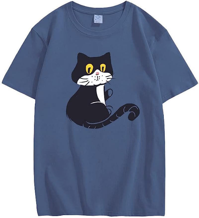 CORIRESHA Camiseta holgada de algodón con gato juguetón