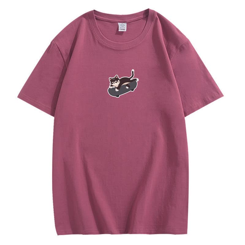 CORIRESHA Unisex Kawaii Ropa Cuello Redondo Manga Corta Lindo Monopatín Gato Camiseta Suelta