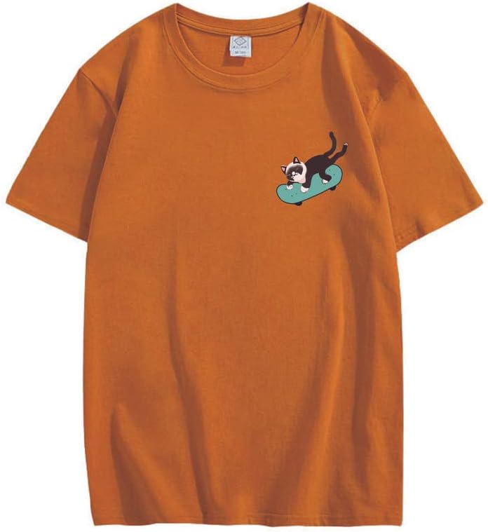 CORIRESHA Teen Kawaii Ropa Skateboard Cat Casual Cuello Redondo Camiseta de Algodón Suave