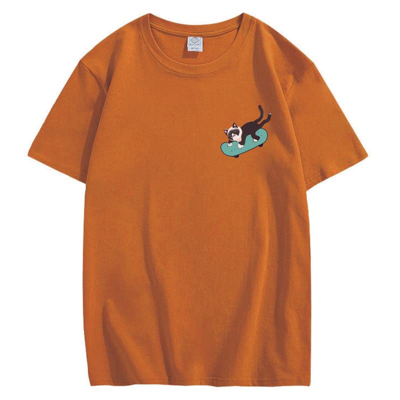 CORIRESHA Teen Kawaii Ropa Skateboard Cat Casual Cuello Redondo Camiseta de Algodón Suave