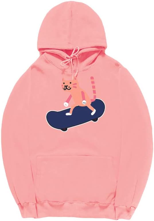 CORIRESHA Sudadera con capucha unisex con diseño de gato y monopatín de dibujos animados, informal, de manga larga, acogedora sudadera de algodón