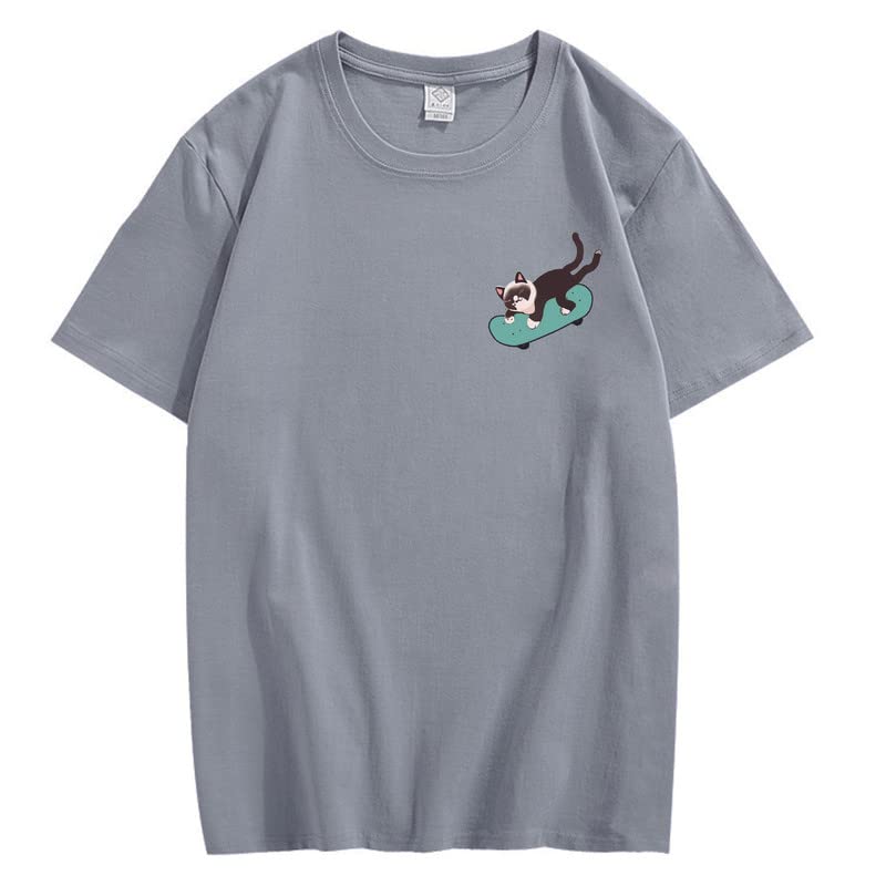 CORIRESHA Teen Kawaii Ropa Skateboard Cat Casual Cuello Redondo Camiseta de Algodón Suave