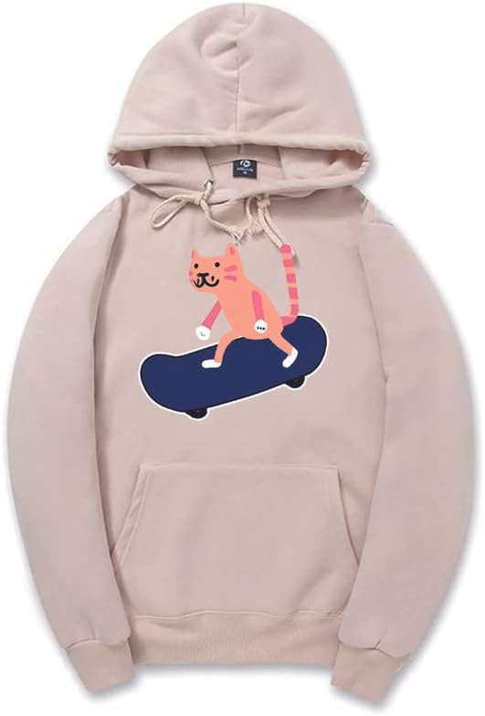 CORIRESHA Sudadera con capucha unisex con diseño de gato y monopatín de dibujos animados, informal, de manga larga, acogedora sudadera de algodón