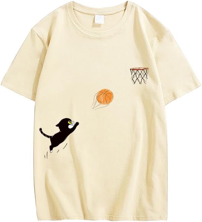 CORIRESHA Adolescente Lindo Gato Baloncesto Cuello Redondo Manga Corta Suelta Camiseta De Algodón Suave