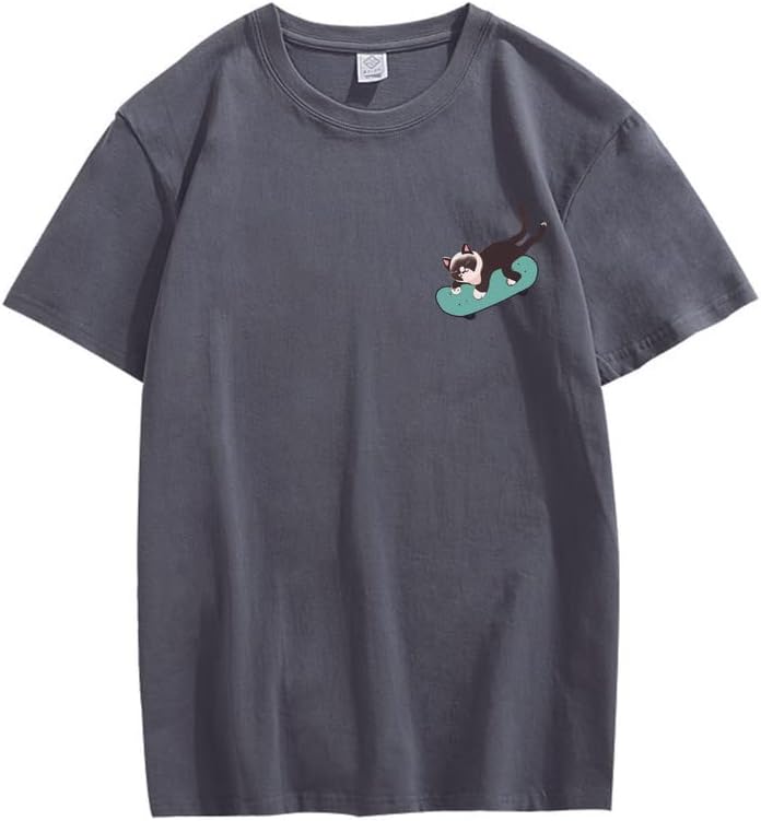 CORIRESHA Teen Kawaii Ropa Skateboard Cat Casual Cuello Redondo Camiseta de Algodón Suave